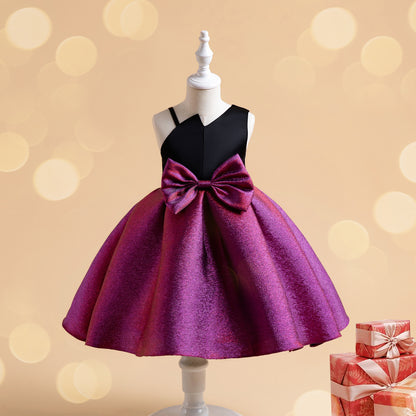 Wholesale 2-10Y Girls Asymmetrical Spaghetti Strap Big Bow Color Block Woven Princess Dress, Kids Birthday Party Soft Shimmer Woven Formal Gown
