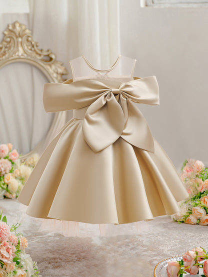 Wholesale 2-10Y Girls Mesh Sleeveless Big Bow Satin Princess Dress, Kids Birthday Party Soft Satin Formal Gown