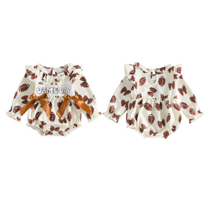 Wholesale 0-18M Baby Girls Ruffle Football Print Waffle Knit Bodysuit, Soft Game Day Long Sleeve Halloween Romper