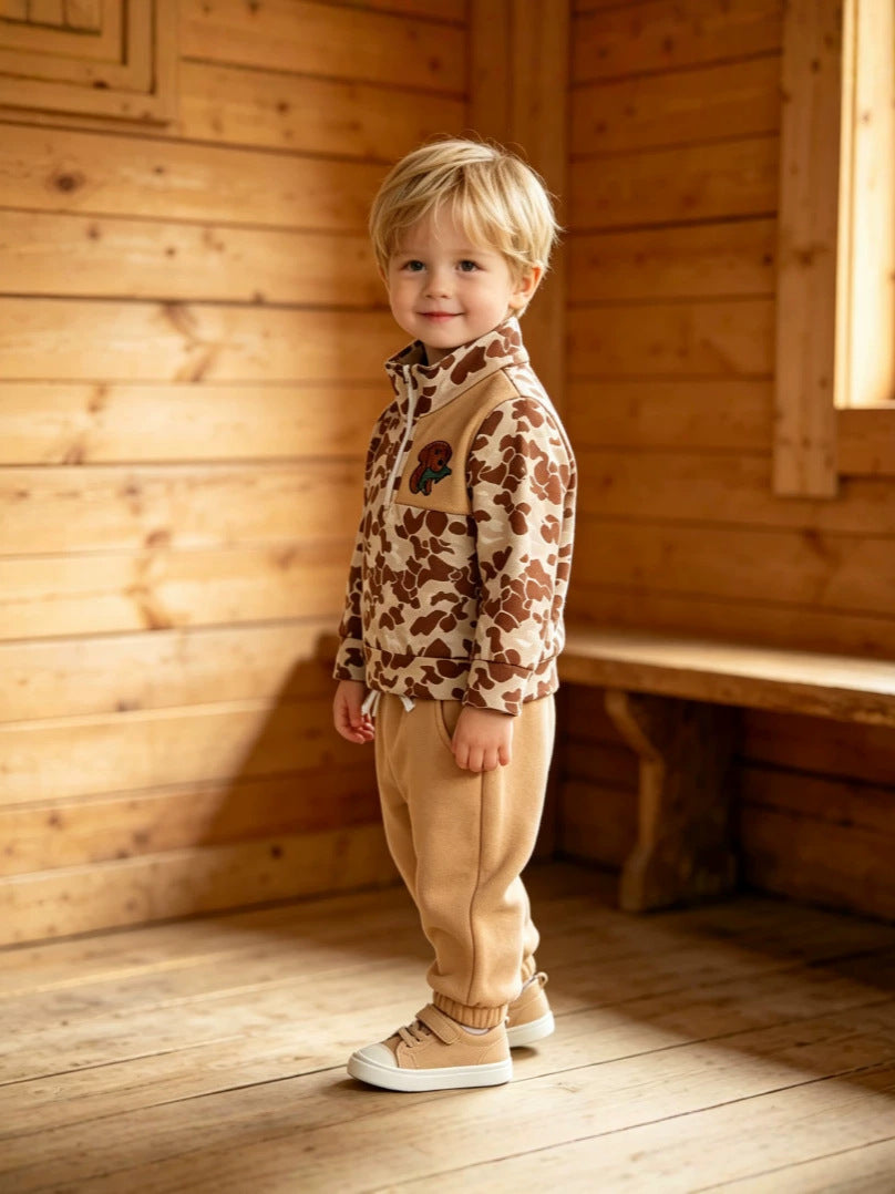 Wholesale 6M-4T Boys 2Pcs Camo Dog Embroidery Half Zip Sweatshirt Outfit Set, Soft Cotton Knit Hunting Style Toddler Top & Jogger Pants