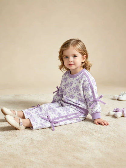 Wholesale 6M-4T Girls 2Pcs Floral Bow Stripe Sweatshirt Outfit Set, Soft Cotton Knit Raglan Sleeve Top & Straight Leg Pants