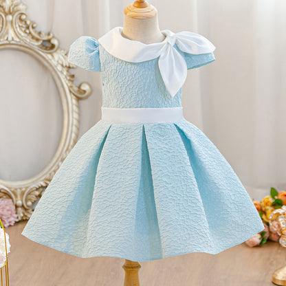 Wholesale 2-10Y Girls Puff Sleeve Peter Pan Bow Embossed Woven Princess Dress, Kids Birthday Party Soft Textured Formal Gown