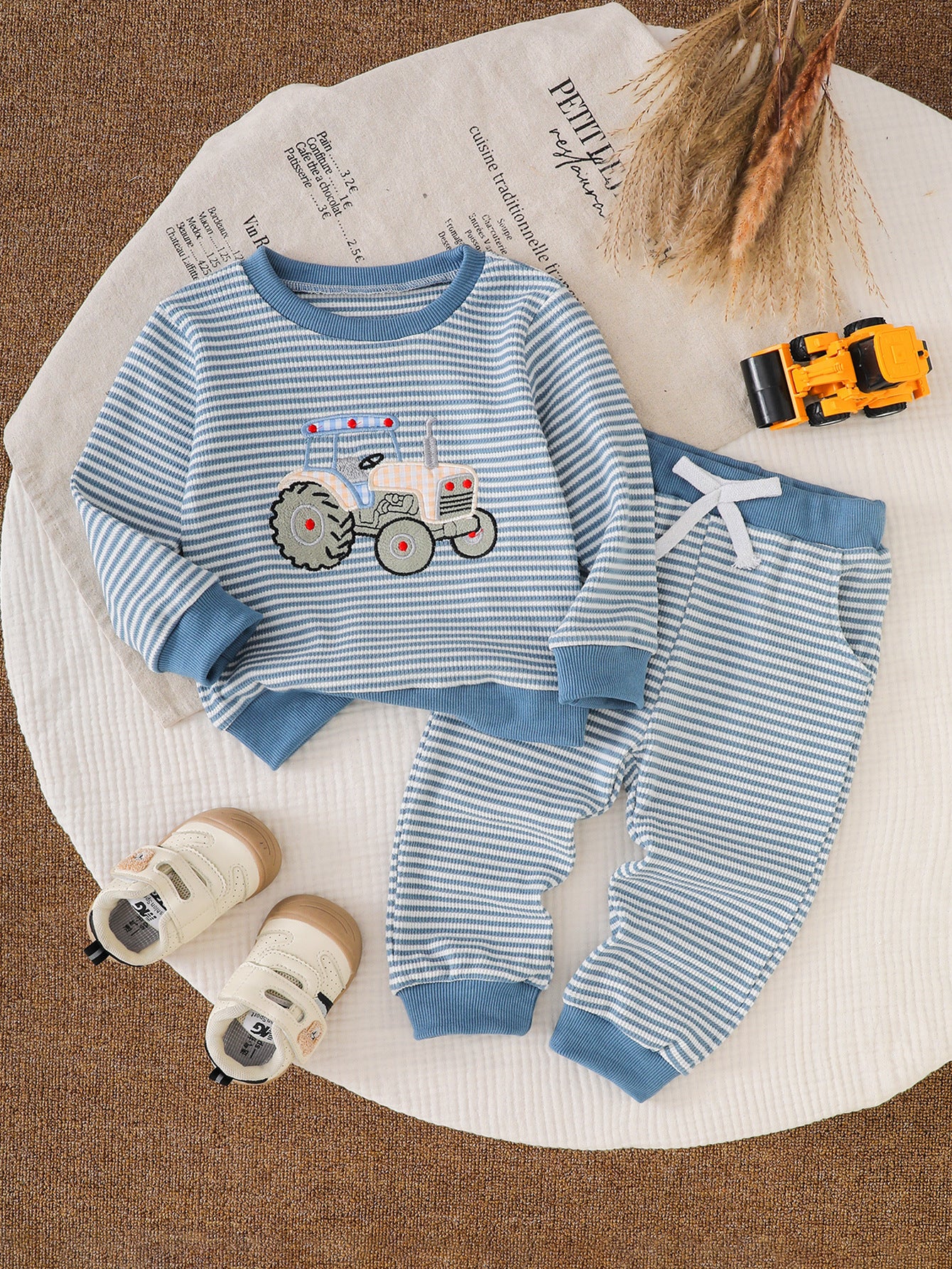 Wholesale 6M-4T Boys 2Pcs Stripe Tractor Embroidery Outfit Set, Soft Rib Knit Casual Crew Neck Sweatshirt & Jogger Pants