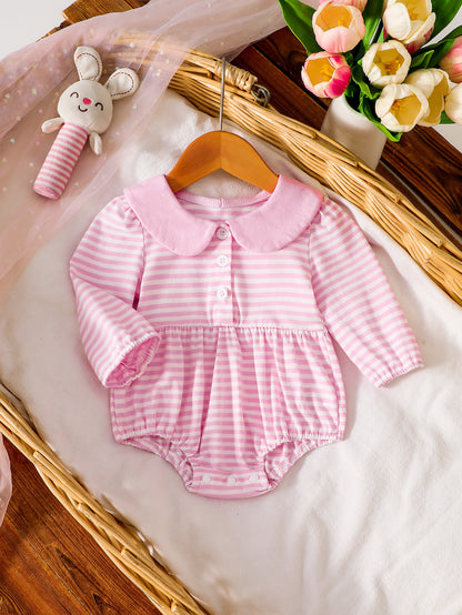 Wholesale 0-18M Baby Girls Striped Peter Pan Collar Long Sleeve Bubble Romper, Soft Cotton Knit Button Front Casual Bodysuit