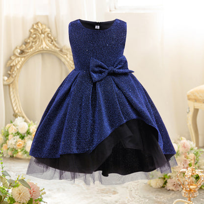 Wholesale 2-10Y Girls Sleeveless Glitter Fabric Bow Asymmetrical High Low Tulle Princess Dress, Kids Birthday Party Soft Sparkly Formal Gown
