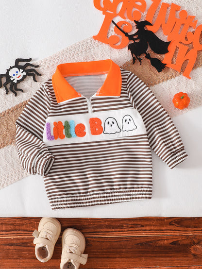 Wholesale 6M-4T Boys Striped Half Zip Polo Sweatshirt, Soft Knit Halloween Ghost Pumpkin Towel Embroidery Long Sleeve Top