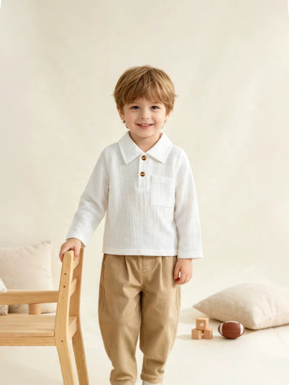 Wholesale 6M-3T Baby Boys Collared Long Sleeve Polo Shirt, Soft Crinkle Gauze Casual Pocket Kids Top