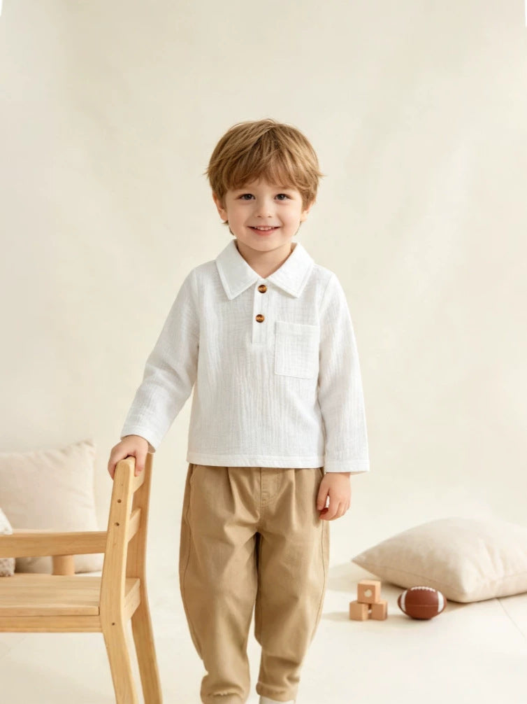 Wholesale 6M-3T Baby Boys Collared Long Sleeve Polo Shirt, Soft Crinkle Gauze Casual Pocket Kids Top