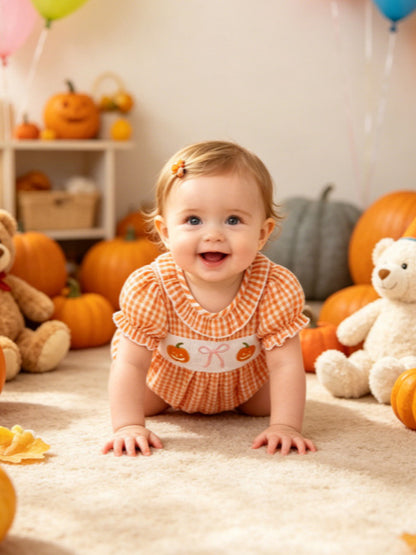 Wholesale 0-18M Baby Girls Ruffle Collar Orange Gingham Pumpkin Embroidery Bodysuit, Soft Woven Halloween Short Sleeve Romper