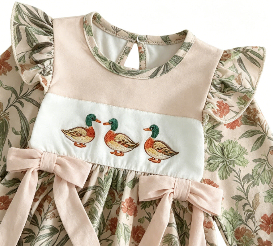 Wholesale 0-18M Baby Girls Duck Embroidery Flutter Sleeve Long Sleeve Jumpsuit, Soft Stretch Printed Casual Baby Bodysuit