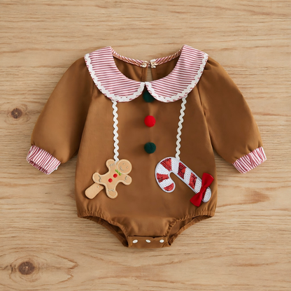 Wholesale 0-18M Baby Boys Striped Collar Gingerbread Candy Cane Applique Woven Bodysuit, Soft Christmas Long Sleeve Romper