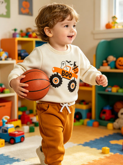 Wholesale 6M-4Y Boys 2Pcs Halloween Truck Print Sweatshirt Outfit Set, Kids Soft Cotton Knit Long Sleeve Top & Jogger Pants Set