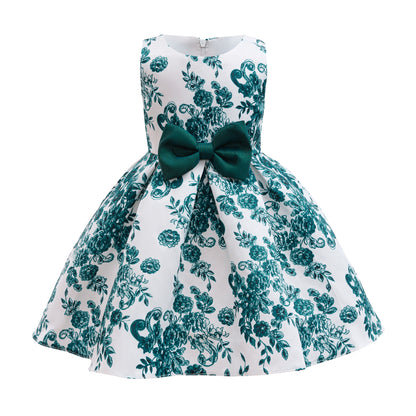 Wholesale 2-10Y Girls Sleeveless Green Floral Print Woven Princess Dress, Kids Birthday Party Satin Bow Soft Fabric Formal Gown