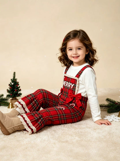 Wholesale 12M-5Y Girls Christmas Plaid Suspender Overalls, Soft Woven Candy Cane Santa Patch Flare Leg Bow Jumpsuit