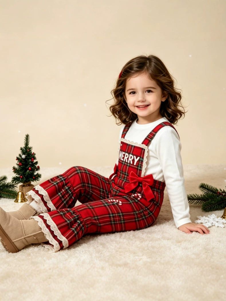 Wholesale 12M-5Y Girls Christmas Plaid Suspender Overalls, Soft Woven Candy Cane Santa Patch Flare Leg Bow Jumpsuit