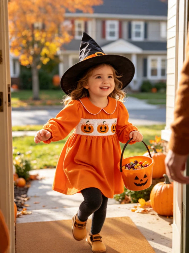 Wholesale 18M-6Y Girls Peter Pan Collar Halloween Smocked Embroidery Woven Dress, Kids Soft Long Sleeve Halloween Casual Dress