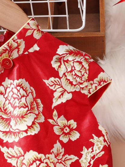 12M-7Y Girls Gauze Satin Dress Tangzhuang Peony Embroidery V-neck Cheongsam Qipao Sleeveless Dress Clothes Red  Catpapa YL1193