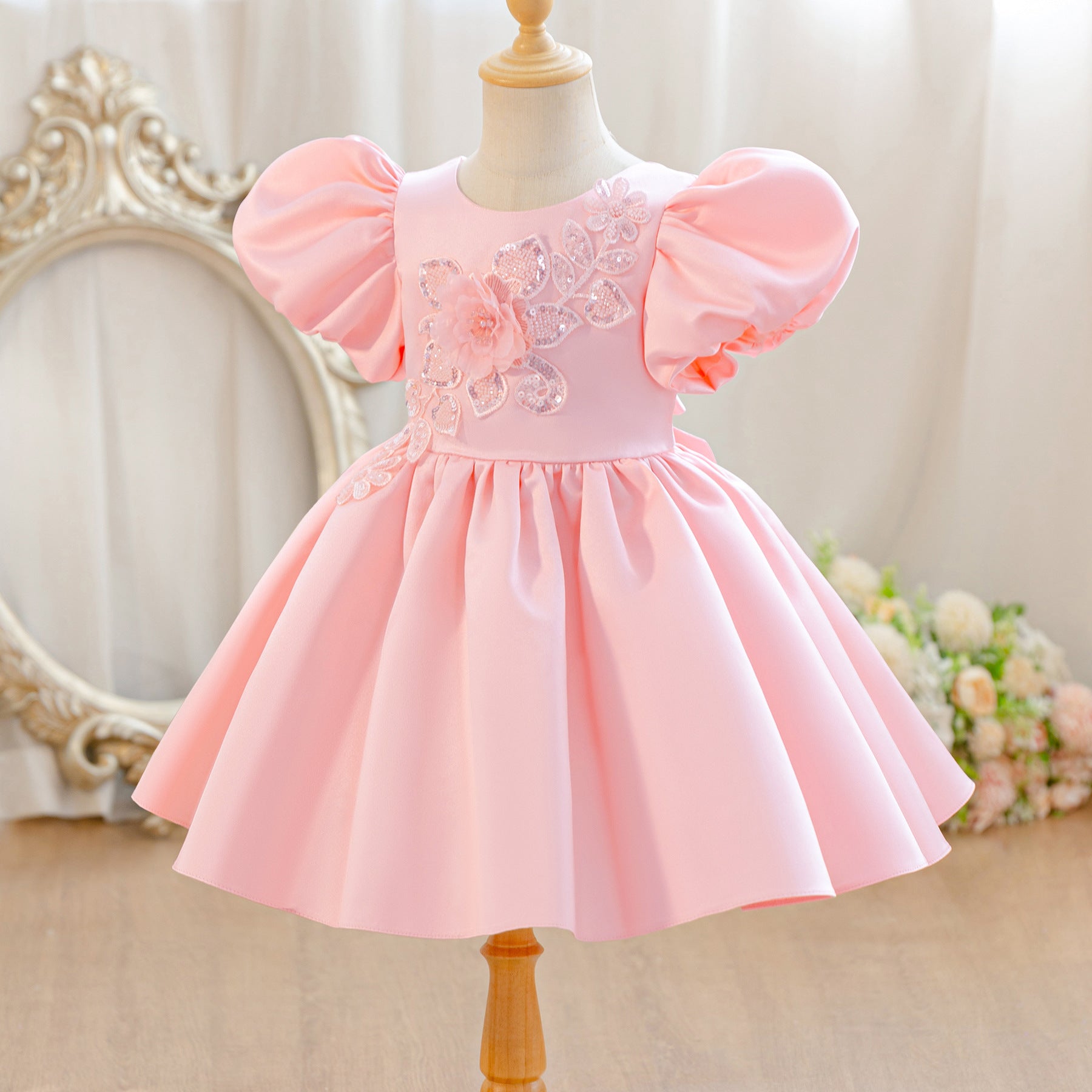 Wholesale 2-10Y Girls Puff Sleeve Rhinestone Floral Woven Princess Dress, Kids Birthday Party Soft Woven Formal Gown
