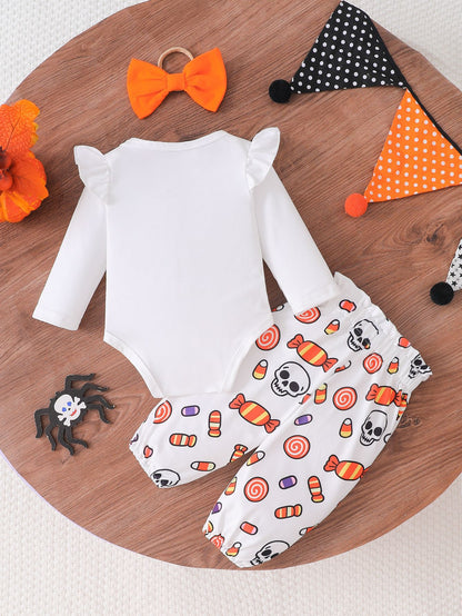 Wholesale 0-18M Baby Girls 3Pcs Ruffle Sleeve Halloween Print Bodysuit Outfit Set, Soft Cotton Knit Pumpkin Skull Ghost Long Sleeve Romper Pants With Bow Headband