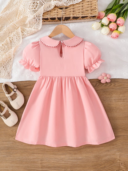 Wholesale 2-7Y Girls Peter Pan Collar ABC Apple Towel Embroidery Woven Dress, Kids Soft Waffle Smocked Back To School Casual Dress