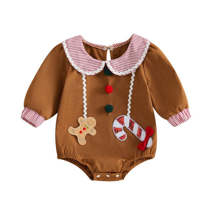 Wholesale 0-18M Baby Boys Striped Collar Gingerbread Candy Cane Applique Woven Bodysuit, Soft Christmas Long Sleeve Romper