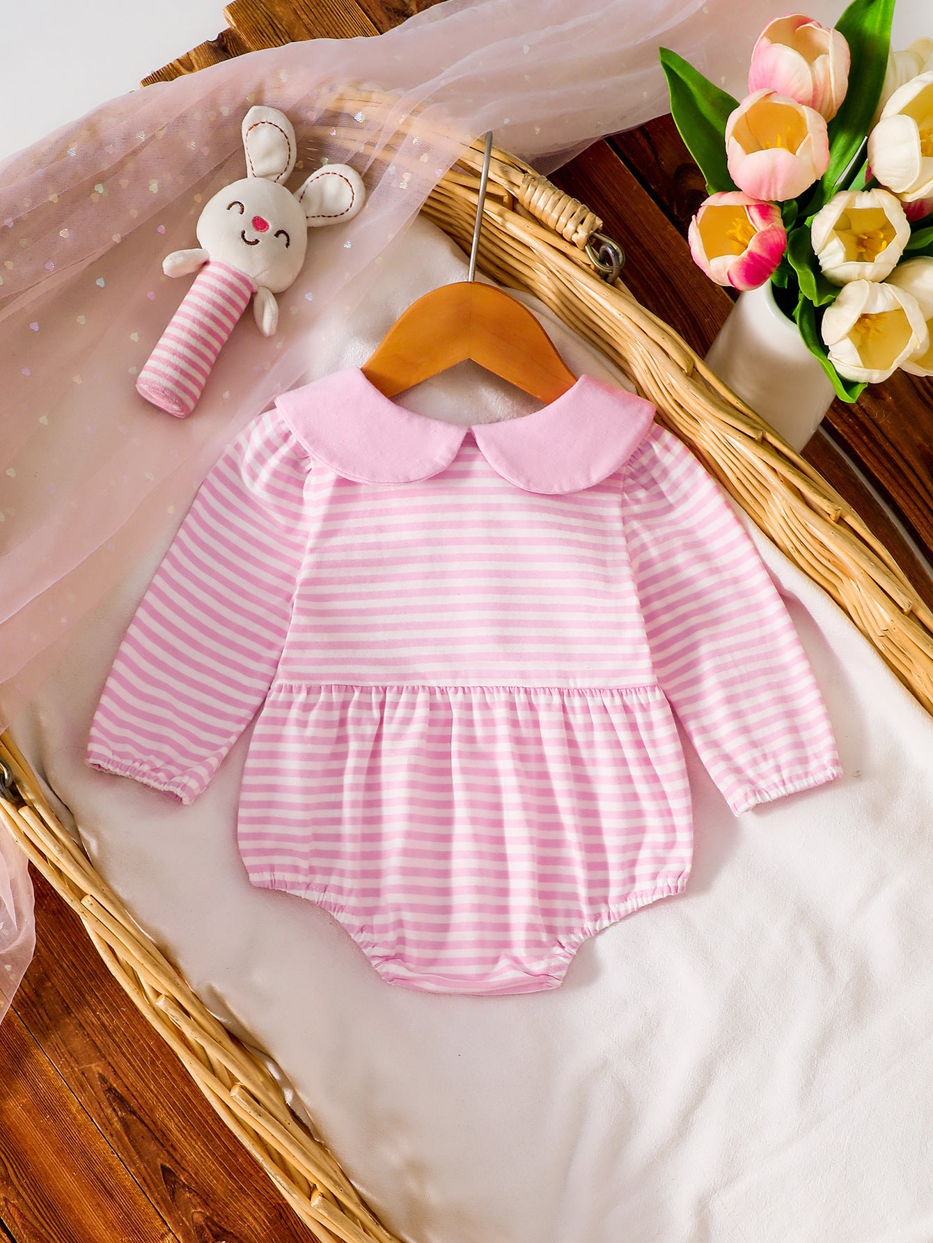Wholesale 0-18M Baby Girls Striped Peter Pan Collar Long Sleeve Bubble Romper, Soft Cotton Knit Button Front Casual Bodysuit