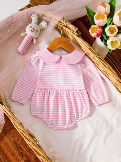 Wholesale 0-18M Baby Girls Striped Peter Pan Collar Long Sleeve Bubble Romper, Soft Cotton Knit Button Front Casual Bodysuit