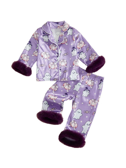 Wholesale 6M-4T Girls 2Pcs Halloween Ghost Pumpkin Satin Pajama Set, Soft Silky Fluff Cuff Lapel Button Down Loungewear Outfit