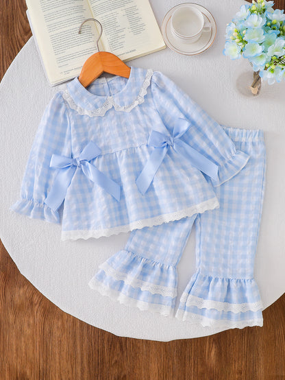 Wholesale 6M-4T Girls 2Pcs Gingham Lace Bow Long Sleeve Pajama Set, Kids Soft Woven Plaid Sweet Loungewear Outfit