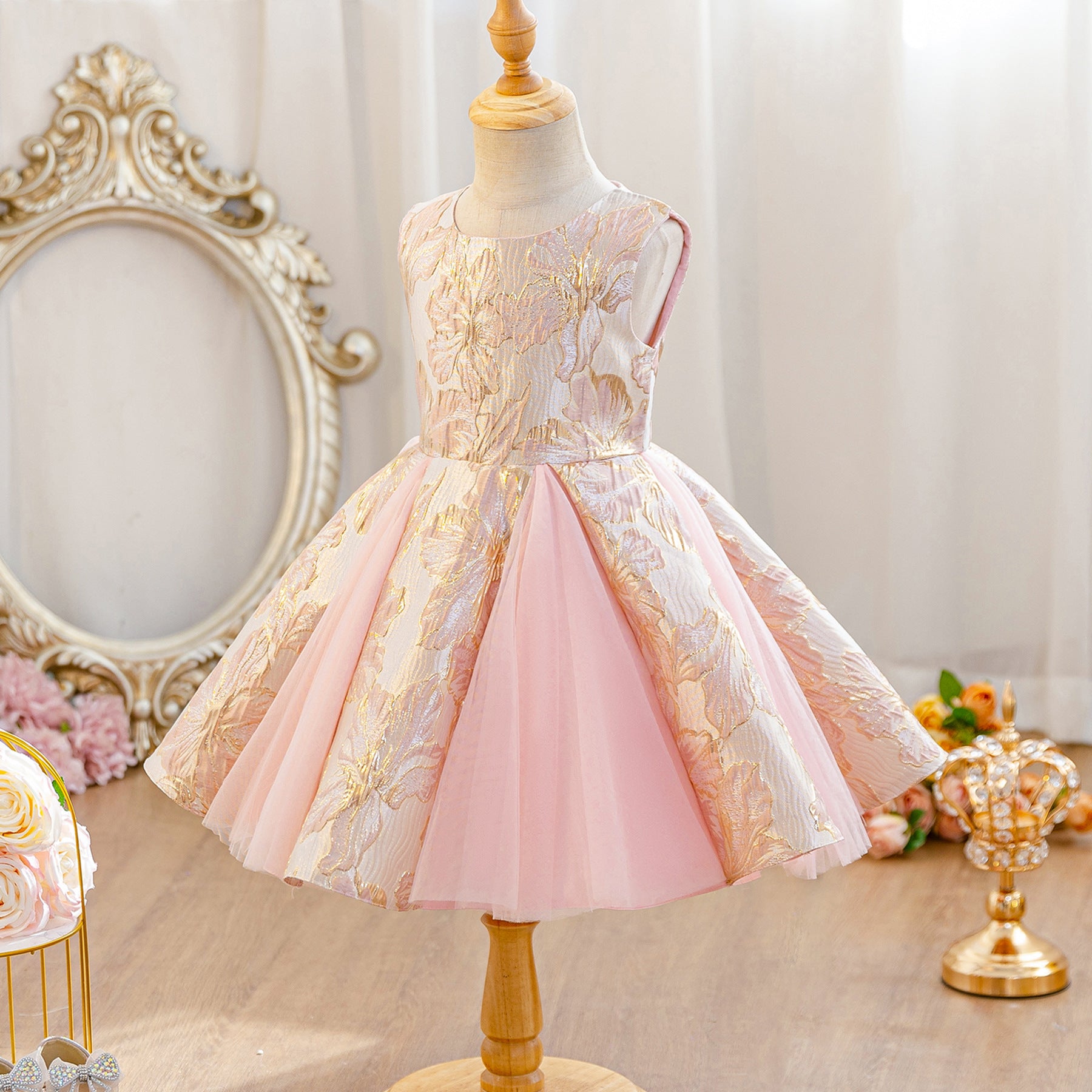 Wholesale 2-10Y Girls Sleeveless Gold Floral Jacquard Tulle Princess Dress, Kids Birthday Party Soft Woven Formal Gown