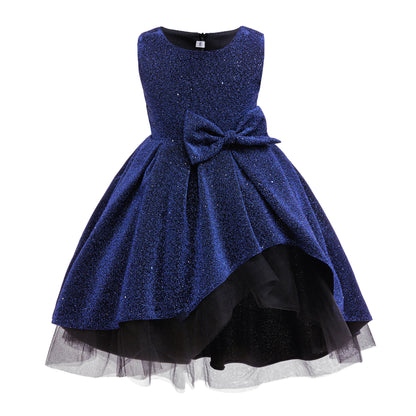 Wholesale 2-10Y Girls Sleeveless Glitter Fabric Bow Asymmetrical High Low Tulle Princess Dress, Kids Birthday Party Soft Sparkly Formal Gown