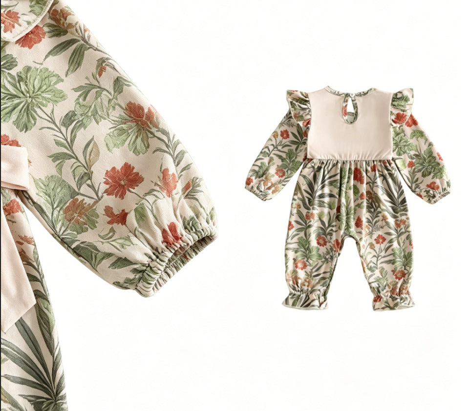 Wholesale 0-18M Baby Girls Duck Embroidery Flutter Sleeve Long Sleeve Jumpsuit, Soft Stretch Printed Casual Baby Bodysuit