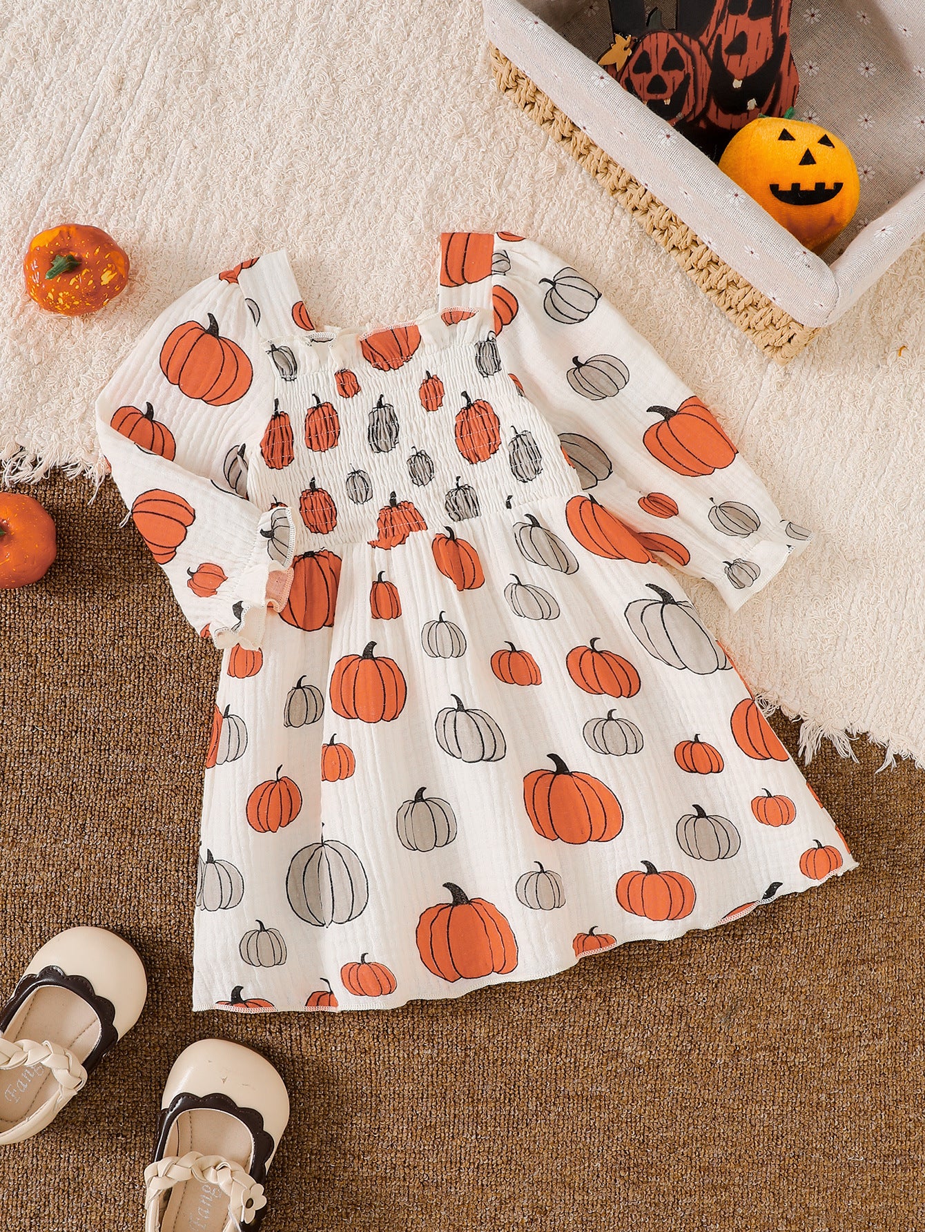 Wholesale 6M-4T Girls Square Neck Halloween Print Smocked Long Sleeve Dress, Soft Crinkle Woven Toddler A-Line Casual Dress