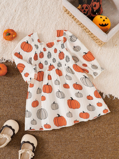 Wholesale 6M-4T Girls Square Neck Halloween Print Smocked Long Sleeve Dress, Soft Crinkle Woven Toddler A-Line Casual Dress