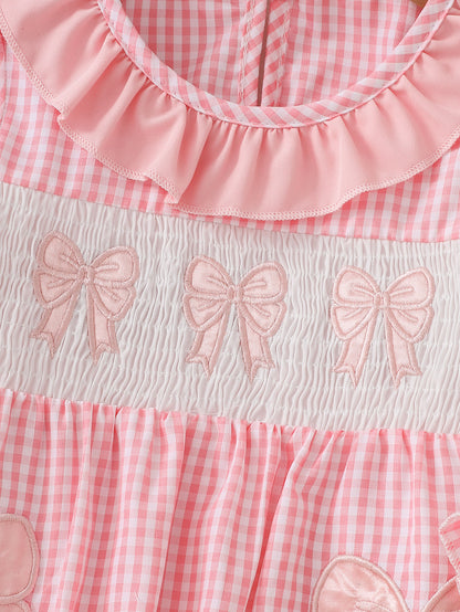 Wholesale 6M-5Y Girls Ruffle Collar Gingham Bow Applique Woven Dress, Kids Soft Long Sleeve Sweet Plaid Casual Dress