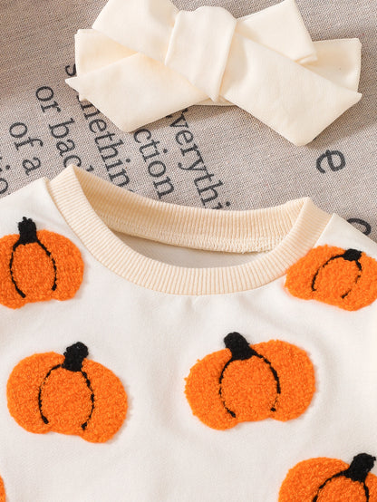 Wholesale 0-18M Baby Girls 2Pcs Ruffle Sleeve Halloween Towel Embroidery Bodysuit Set, Soft Knit Ghost Pumpkin Romper With Bow Headband