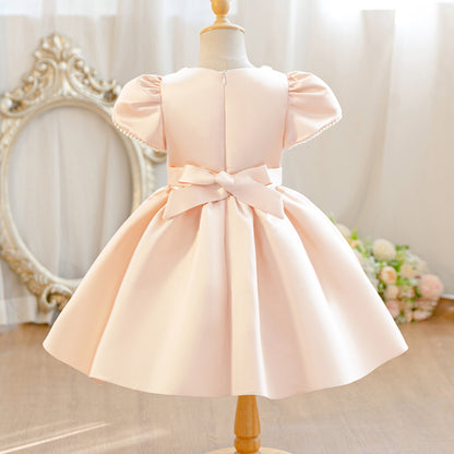 Wholesale 2-10Y Girls Pearl Puff Bow Satin Princess Dress, Kids Birthday Party Soft Satin Formal Gown