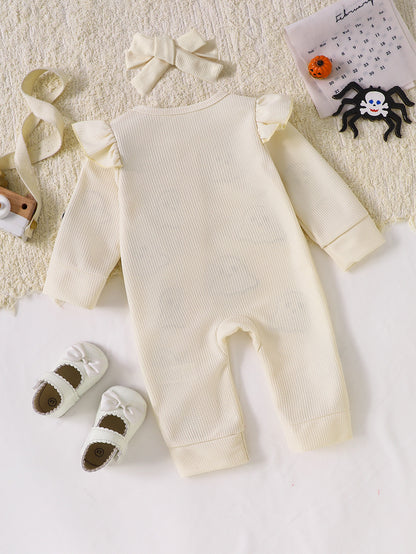 Wholesale 0-18M Baby Girls 2Pcs Ruffle Zipper Halloween Towel Embroidery Jumpsuit Set, Soft Waffle Knit Pumpkin Ghost Romper With Bow Headband