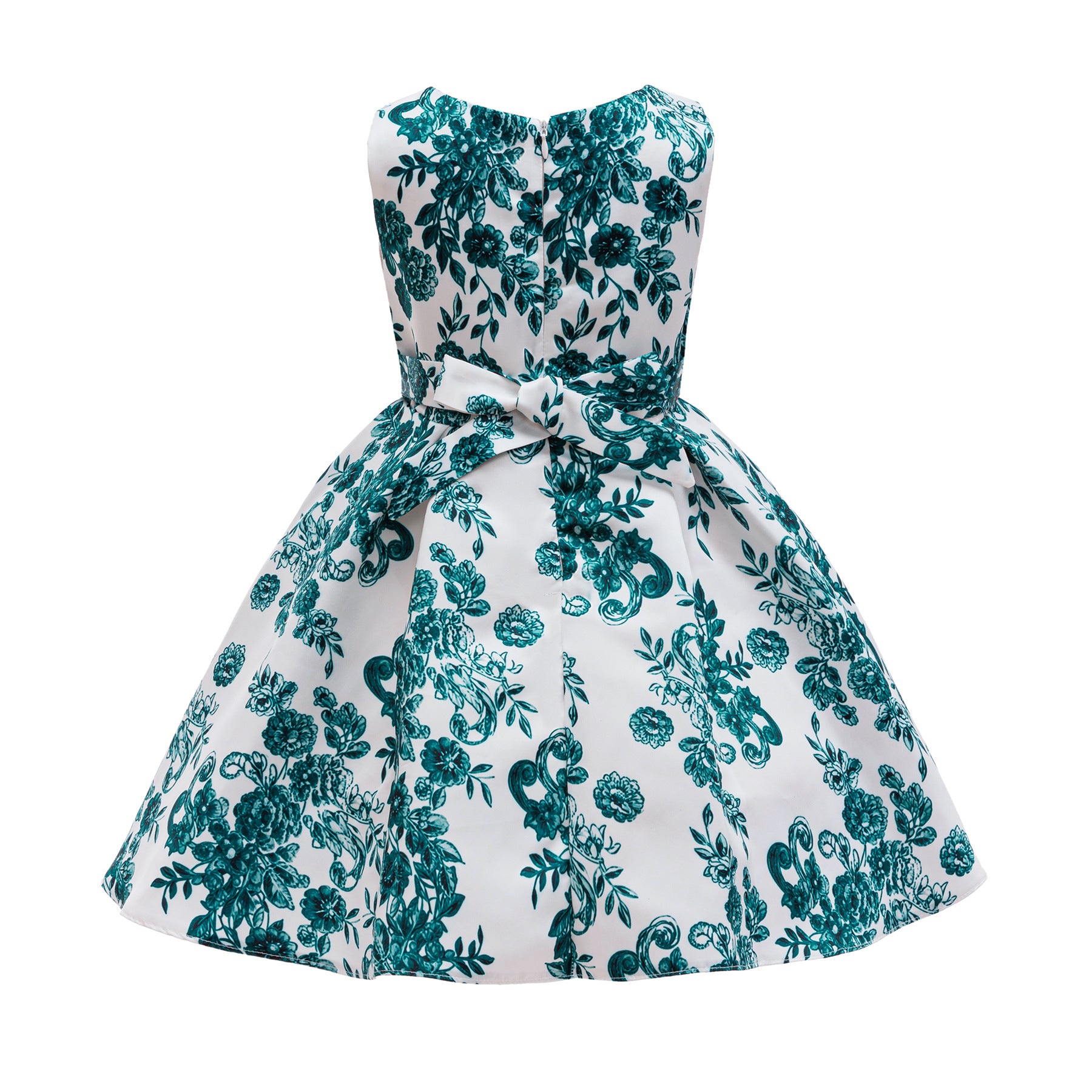 Wholesale 2-10Y Girls Sleeveless Green Floral Print Woven Princess Dress, Kids Birthday Party Satin Bow Soft Fabric Formal Gown