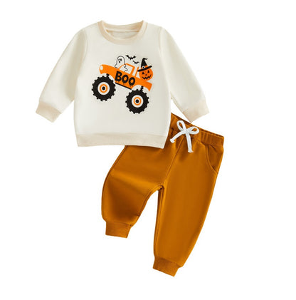 Wholesale 6M-4Y Boys 2Pcs Halloween Truck Print Sweatshirt Outfit Set, Kids Soft Cotton Knit Long Sleeve Top & Jogger Pants Set