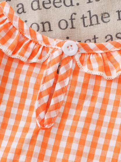 Wholesale 0-18M Baby Girls Ruffle Collar Orange Gingham Pumpkin Embroidery Bodysuit, Soft Woven Halloween Short Sleeve Romper