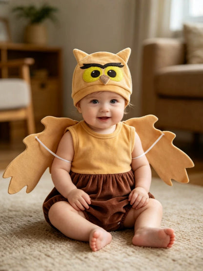 Wholesale 0-18M Baby Boys 2Pcs Owl Costume Velvet Bodysuit Set, Soft Plush Halloween Character Outfit With Matching Hat