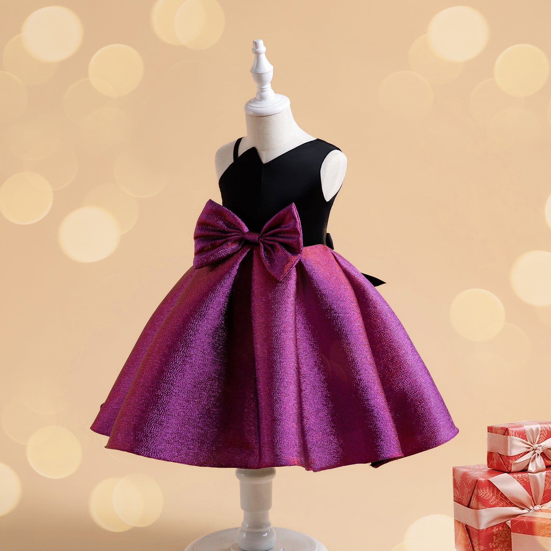 Wholesale 2-10Y Girls Asymmetrical Spaghetti Strap Big Bow Color Block Woven Princess Dress, Kids Birthday Party Soft Shimmer Woven Formal Gown