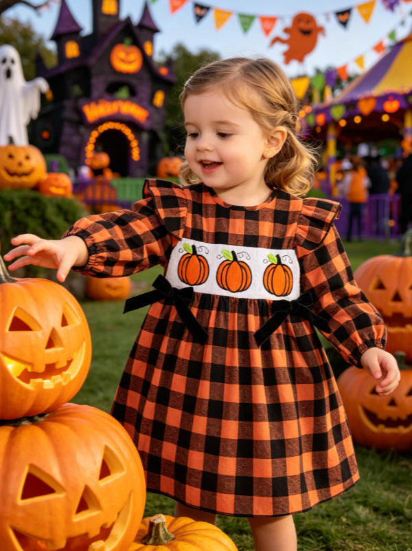 Wholesale 6M-5Y Girls Ruffle Plaid Pumpkin Embroidery Woven Dress, Kids Halloween Soft Buffalo Plaid Casual Dress