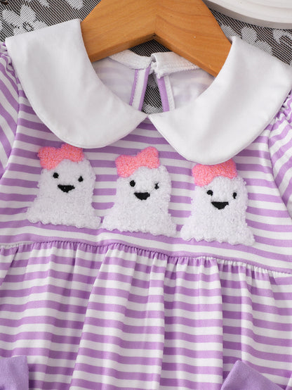 Wholesale 0-18M Baby Girls Peter Pan Collar Striped Ghost Towel Embroidery Bodysuit, Soft Knit Halloween Short Sleeve Romper