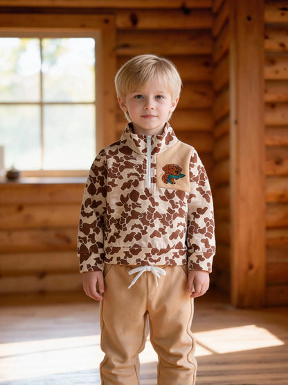 Wholesale 6M-4T Boys 2Pcs Camo Dog Embroidery Half Zip Sweatshirt Outfit Set, Soft Cotton Knit Hunting Style Toddler Top & Jogger Pants