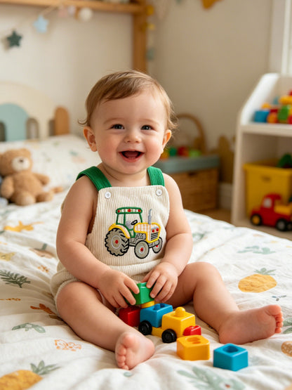 Wholesale 0-18M Baby Boys Tractor Embroidery Suspender Bubble Romper, Soft Vertical Rib Knit Sleeveless Overalls Bodysuit
