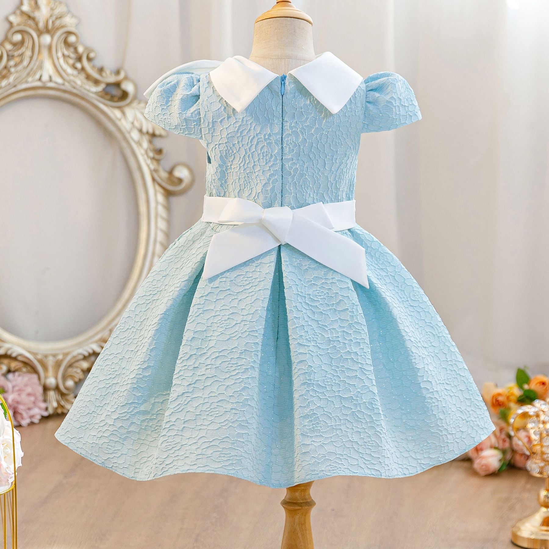 Wholesale 2-10Y Girls Puff Sleeve Peter Pan Bow Embossed Woven Princess Dress, Kids Birthday Party Soft Textured Formal Gown