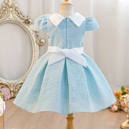Wholesale 2-10Y Girls Puff Sleeve Peter Pan Bow Embossed Woven Princess Dress, Kids Birthday Party Soft Textured Formal Gown