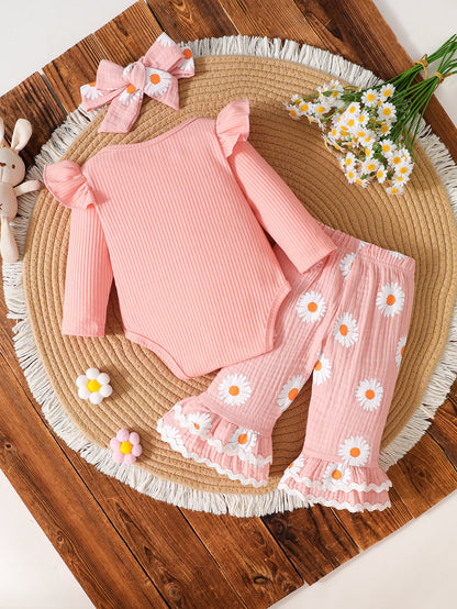 Wholesale 0-9M Baby Girls 3Pcs Daisy Rib Knit Outfit Set, Soft Waffle Rib Flutter Sleeve Bodysuit Flare Pants With Bow Headband